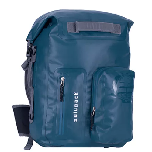 Blauer wasserdichter Rucksack für mehrtägige Wanderungen und Wassersport – Zulupack® Nomad 35L IP67